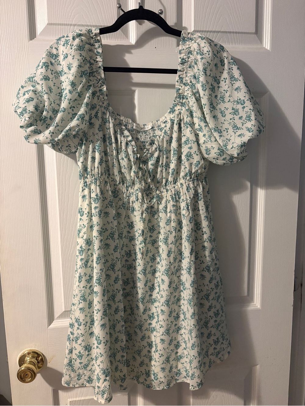 Altar'd State Cream Mini Dress with Teal Floral Print and Puff Sleeves